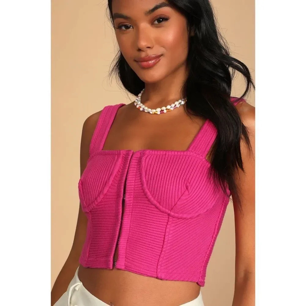 Lulu’s Model Status Hot Pink Ribbed Knit Cropped Bustier Tank Top